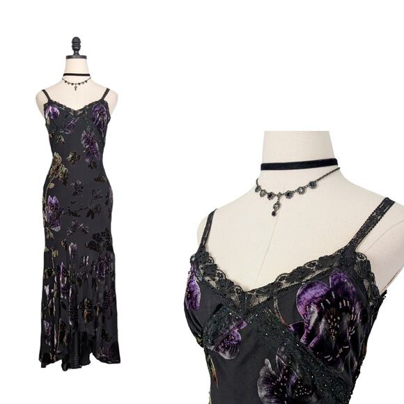 Cache Dresses & Skirts - Vintage Cache Midi Dress Velvet Floral Fairy Goth Whimsigoth Lace Purple Black 6